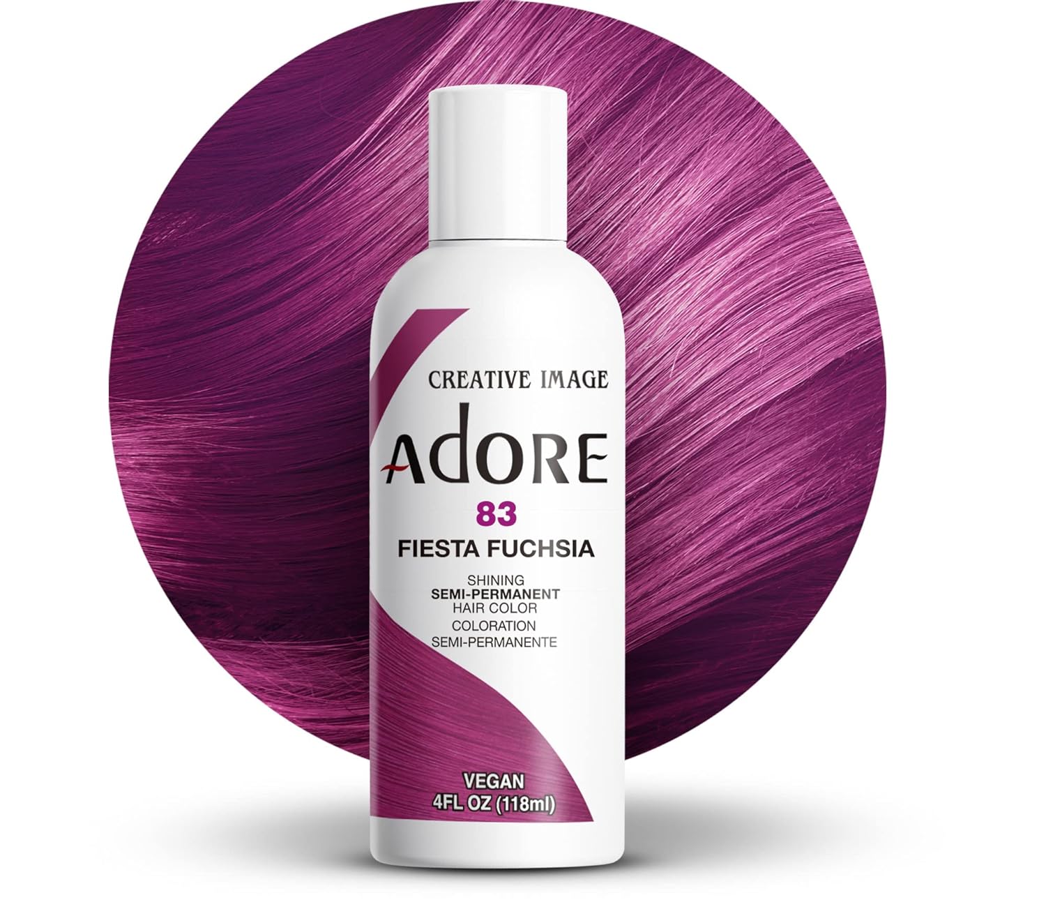 Creative Image Adore Semi-Permanent Hair Color #83 Fiesta Fuchsia packaging with a vibrant fuchsia hair swatch.