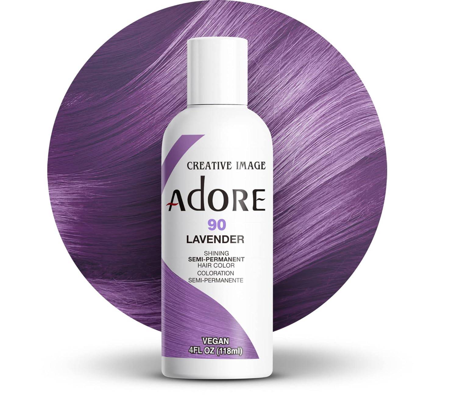 Creative Image Adore #90 Lavender hair dye bottle with a circular swatch of vibrant, flowing lavender hair.