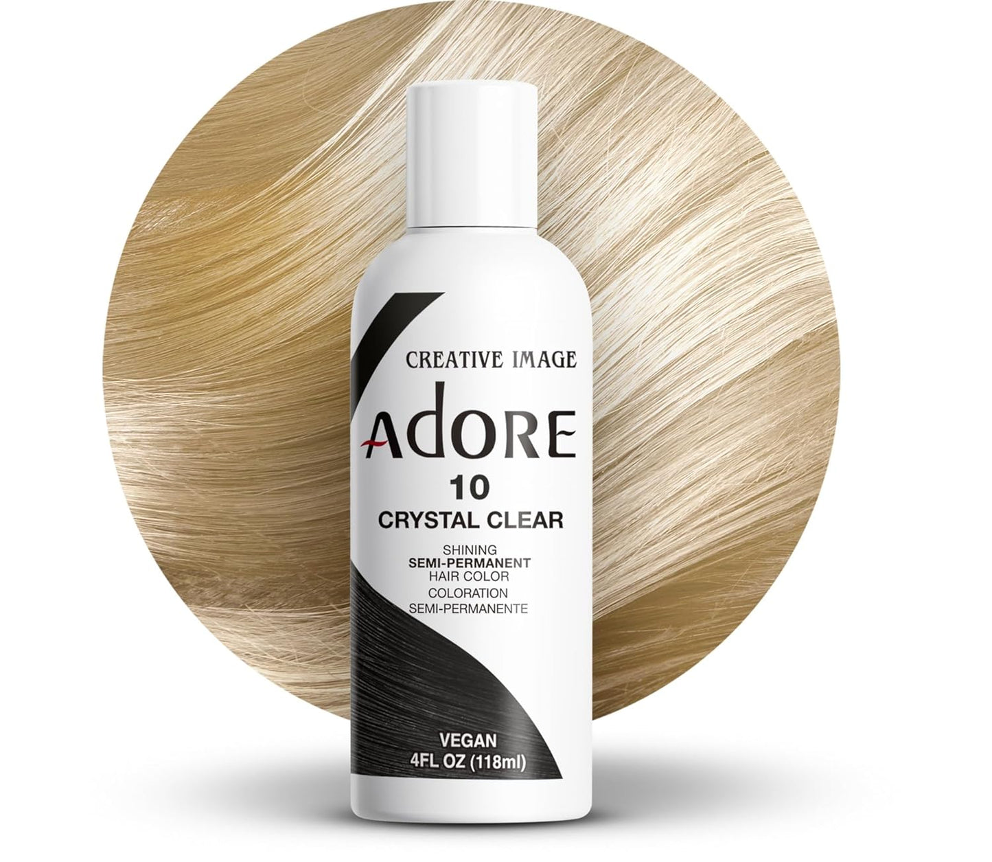Creative Image Adore #010 Crystal Clear semi-permanent hair color bottle with a smooth blonde hair swatch.
