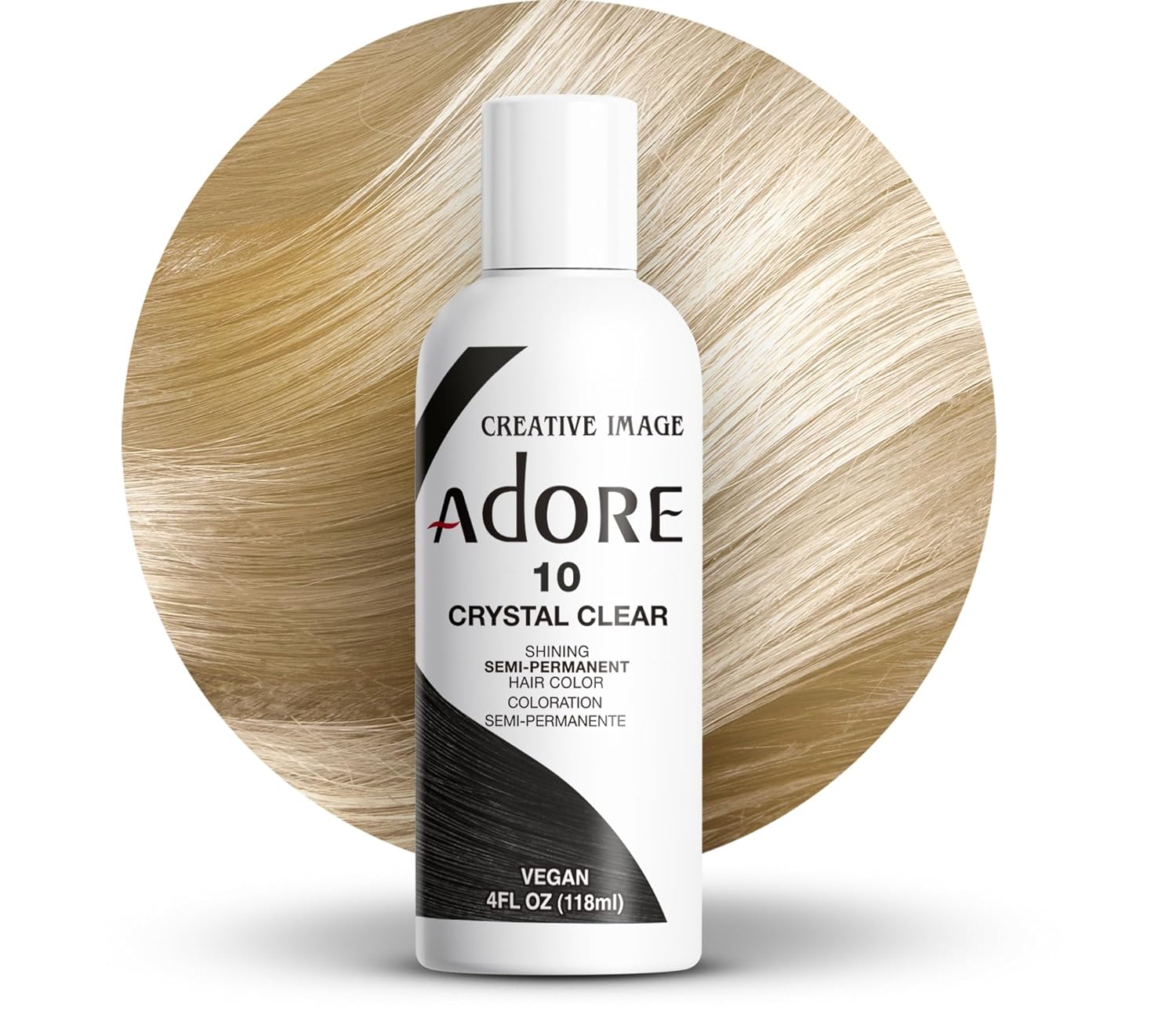 Creative Image Adore #010 Crystal Clear semi-permanent hair color bottle with a smooth blonde hair swatch.