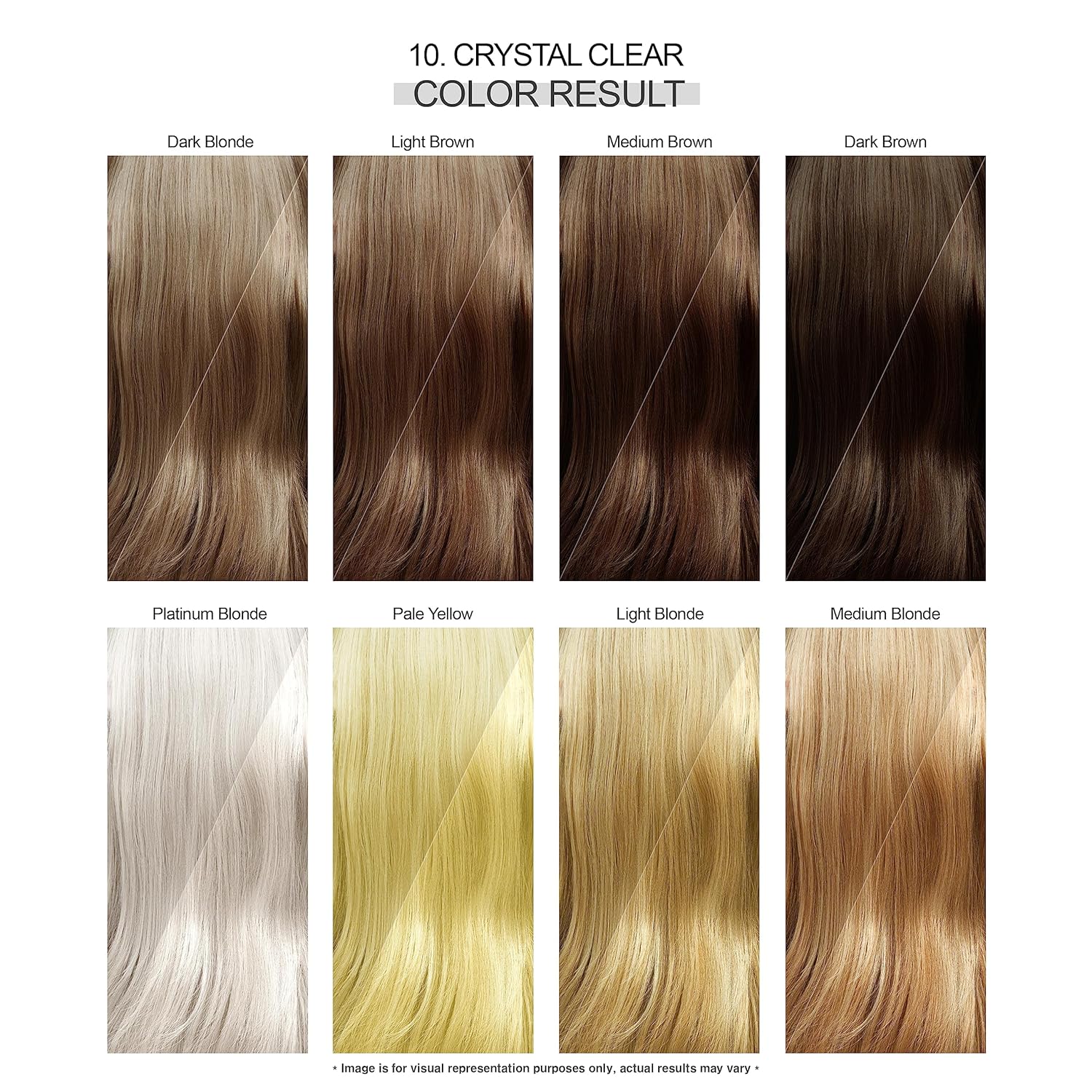 Creative Image Adore Crystal Clear semi-permanent hair color result grid. 8 swatches show various blonde and brown hair sh...