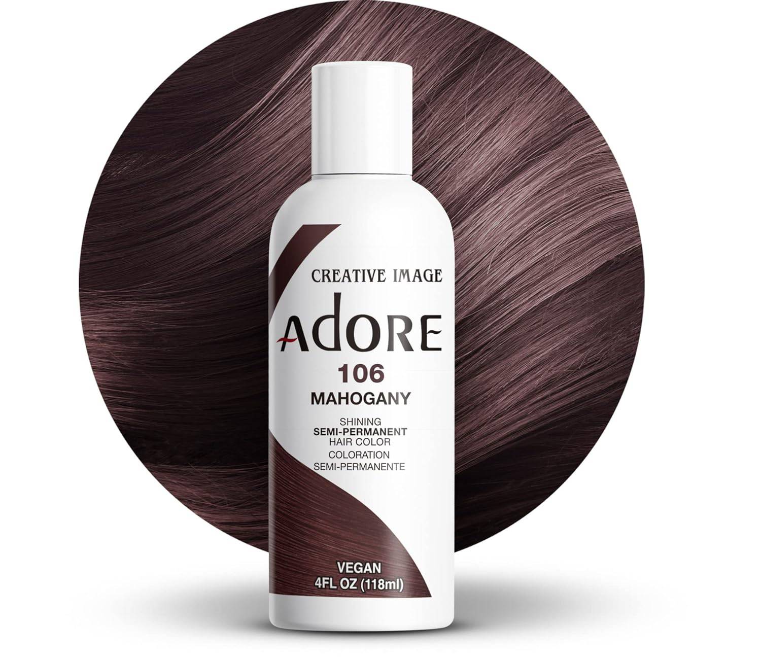 Creative Image Adore Semi-Permanent Hair Color bottle. Behind it, a swatch of straight, rich mahogany hair.