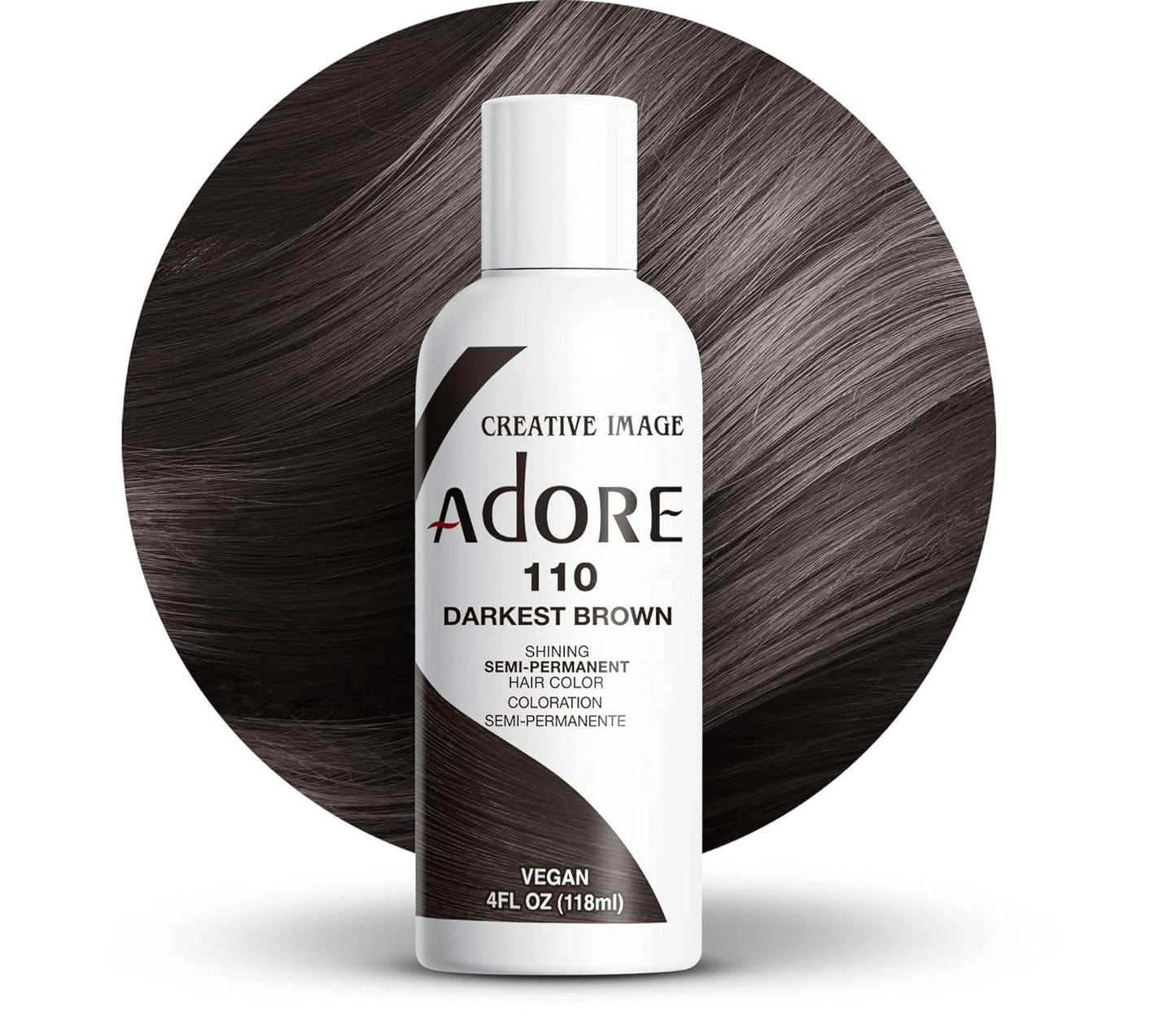 Creative Image Adore Darkest Brown hair color bottle against a circular swatch of deep, dark brown hair texture.