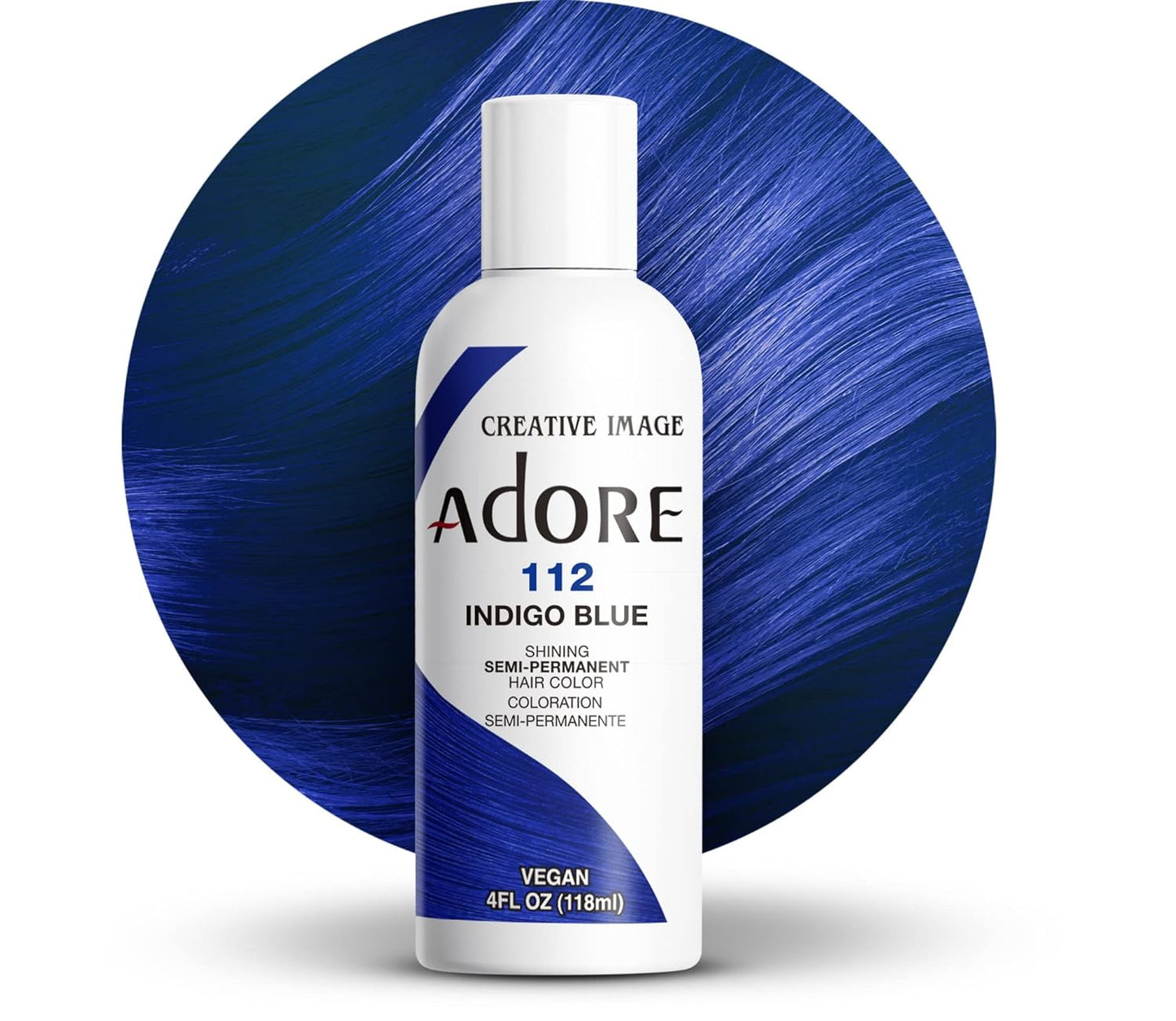 Creative Image Adore Semi-Permanent Hair Color #112 Indigo Blue bottle with a vibrant indigo blue hair color swatch.
