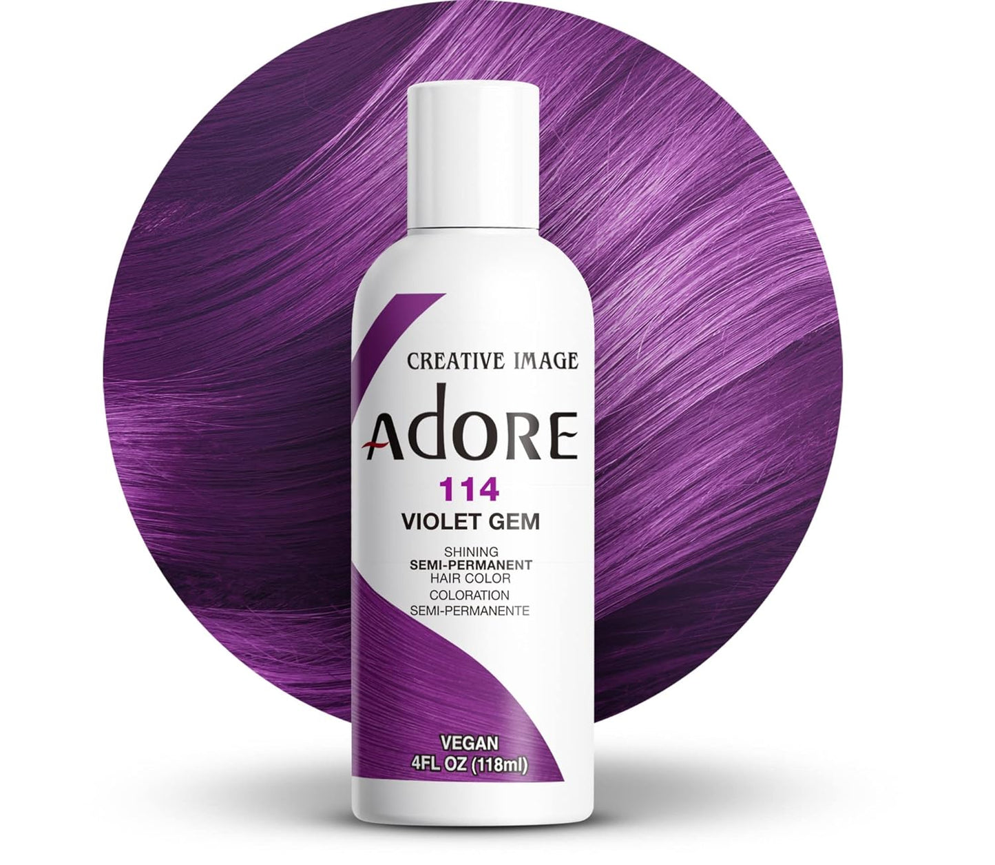 Creative Image Adore Semi-Permanent Hair Color #114 Violet Gem bottle in front of a circular vibrant violet hair swatch.