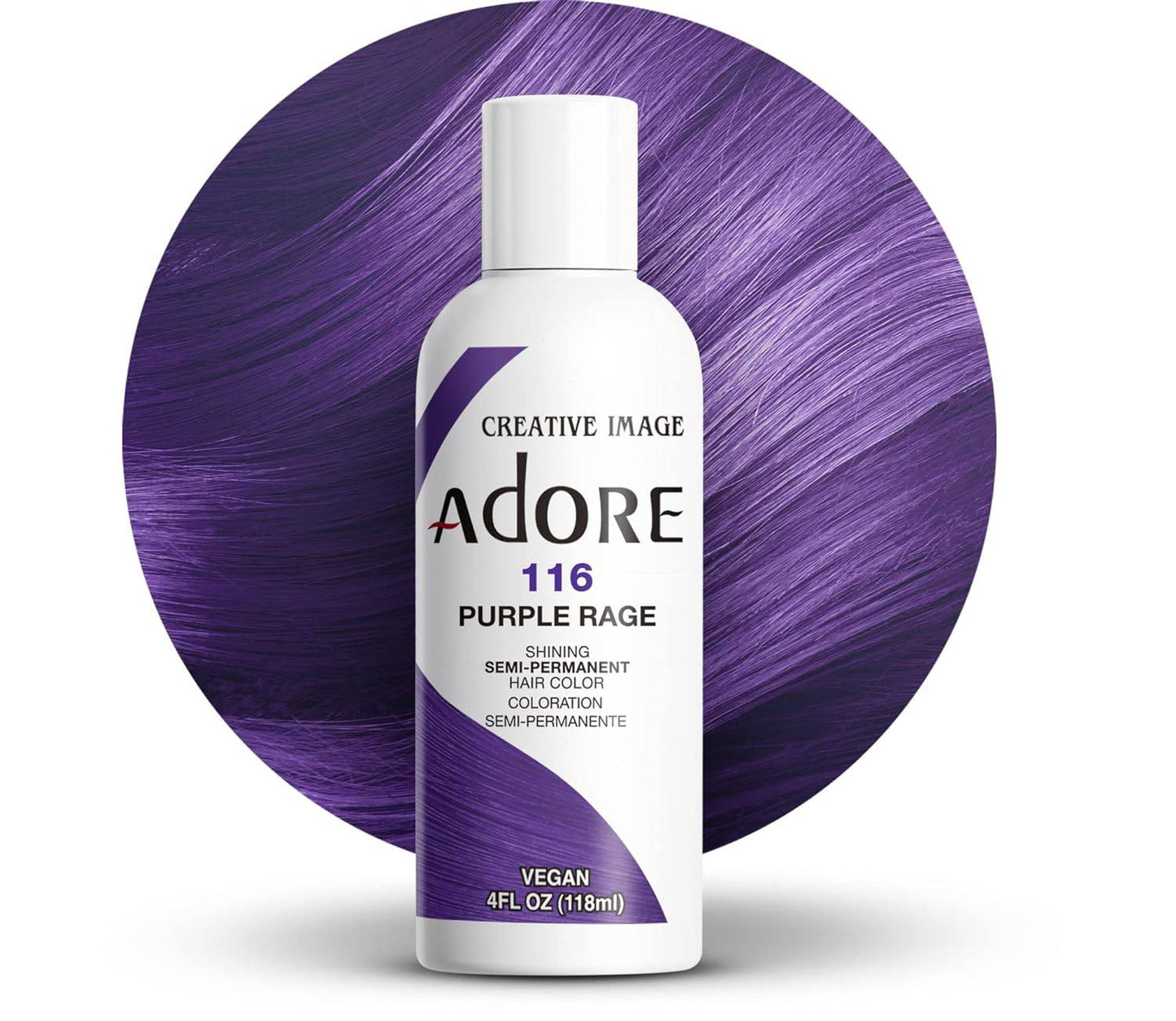 Creative Image Adore Semi-Permanent Hair Color - #116 Purple Rage bottle stands before a vibrant purple straight hair swatch.