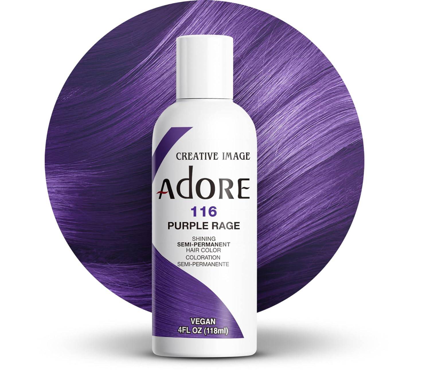 Creative Image Adore Semi-Permanent Hair Color - #116 Purple Rage bottle stands before a vibrant purple straight hair swatch.