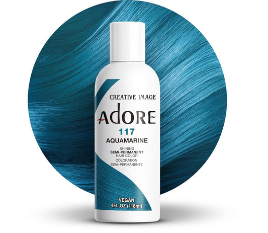 Creative Image Adore Semi-Permanent Hair Color #117 Aquamarine bottle shown with a bright aquamarine hair swatch.