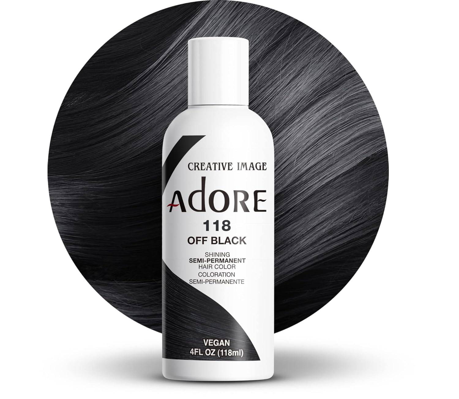 Creative Image Adore #118 Off Black hair color bottle with a background swatch of shiny, dark off-black hair.