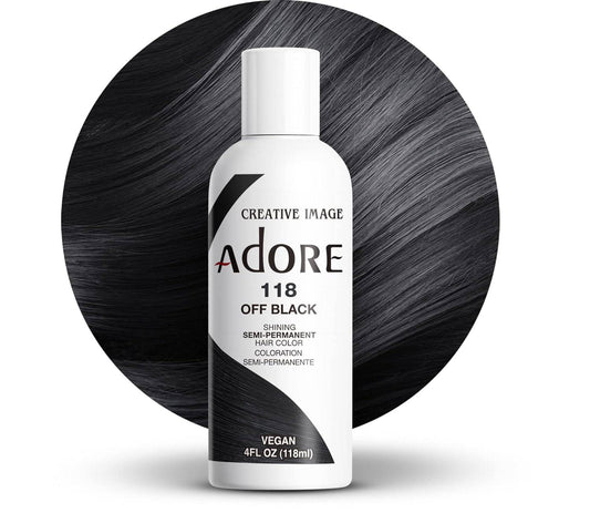Creative Image Adore #118 Off Black hair color bottle with a background swatch of shiny, dark off-black hair.