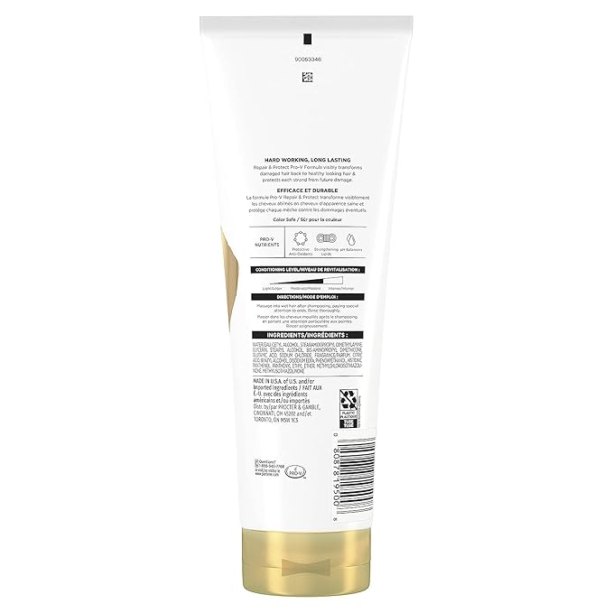 Back of Pantene Pro-V Repair & Protect Conditioner tube, white with a gold cap, showing ingredients and barcode.