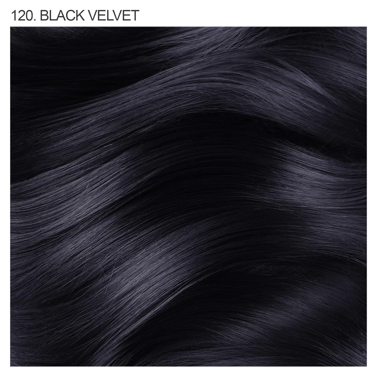 Creative Image Adore Semi-Permanent Hair Color #120 Black Velvet close-up swatch showing wavy, lustrous dark hair.