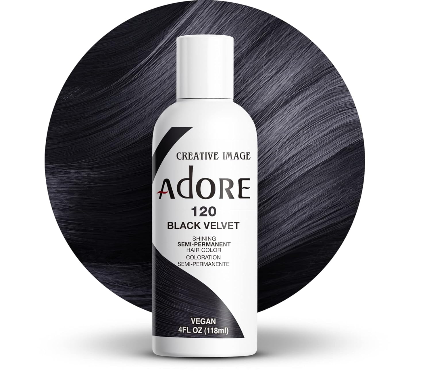 Creative Image Adore Black Velvet hair dye bottle with a circular swatch of deep, shiny black-grey hair.