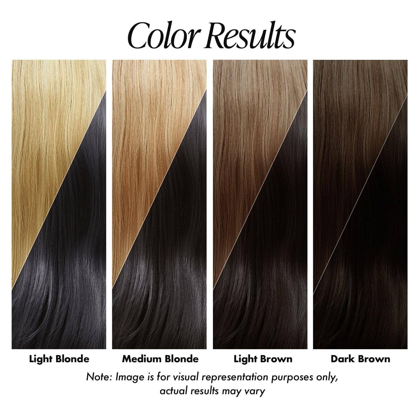 Creative Image Adore Purple Black hair color results on four swatches: light blonde, medium blonde, light brown, and dark ...