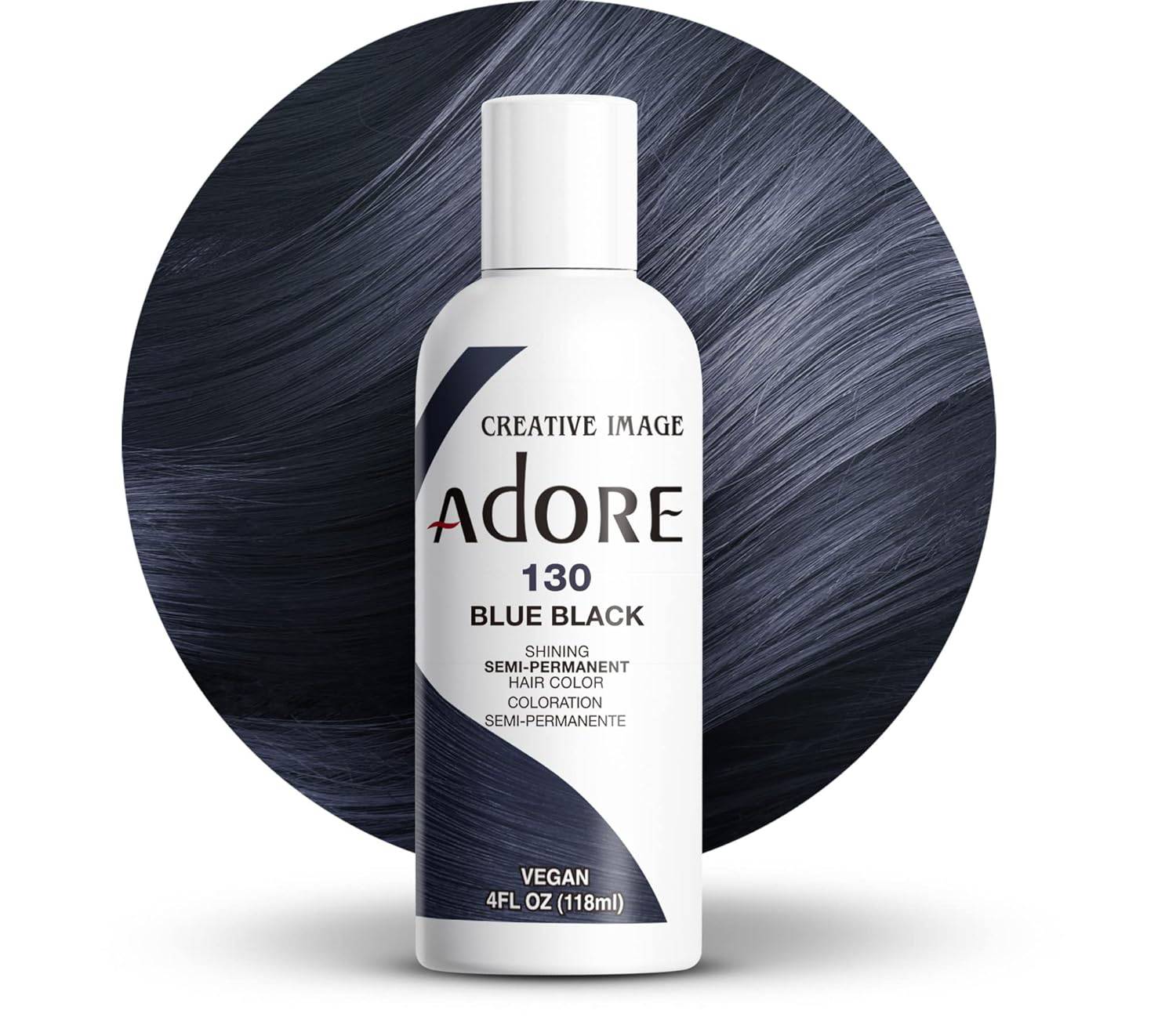 Creative Image Adore Semi-Permanent Hair Color #130 Blue Black bottle against dark blue-black wavy hair.