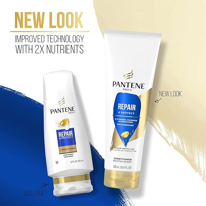 Pantene Pro-V Repair & Protect Conditioner packaging, old and new designs. The new 10.4 oz bottle is white with blue and g...