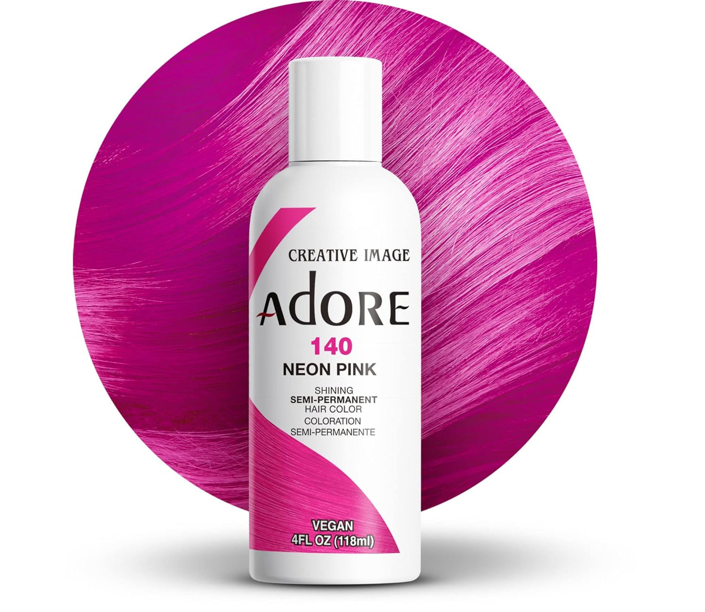 Adore Semi-Permanent Hair Color #140 Neon Pink bottle in front of a vibrant, textured neon pink hair swatch.