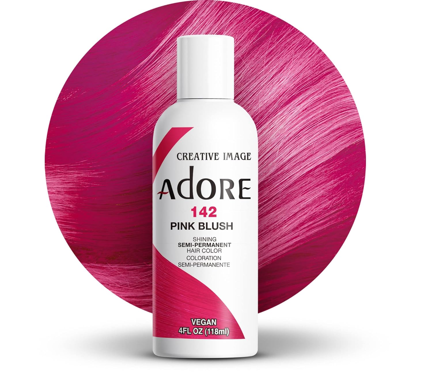 Creative Image Adore Semi-Permanent Hair Color #142 Pink Blush bottle against a vibrant pink hair swatch.