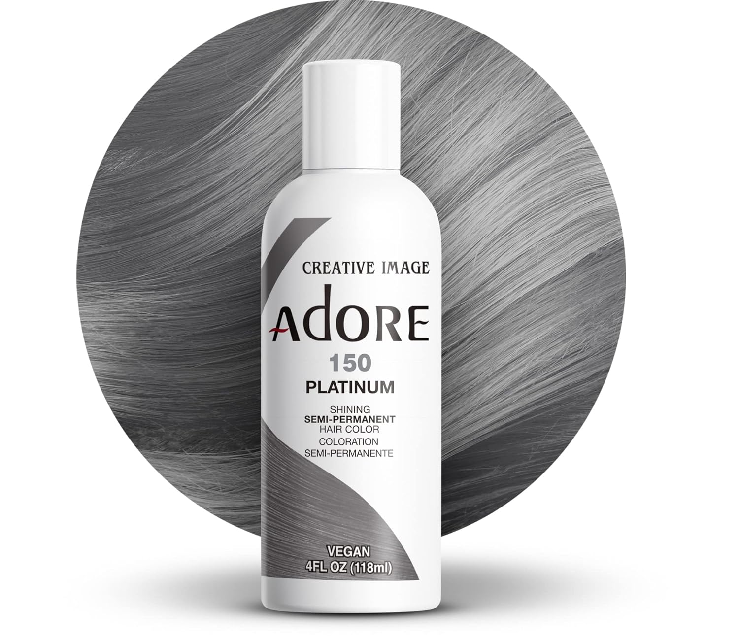 Creative Image Adore 150 Platinum hair color bottle shown against a circular swatch of sleek, straight platinum gray hair.
