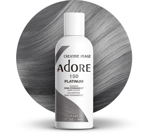 Creative Image Adore Semi-Permanent Hair Color #150 Platinum bottle with a circular swatch of smooth, straight platinum hair.