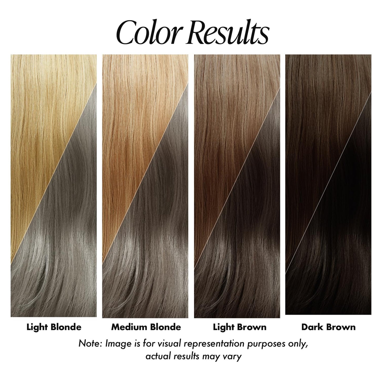 Color swatch of Adore Platinum #150 hair color on dark brown hair, resulting in very dark, cool gray wavy hair.