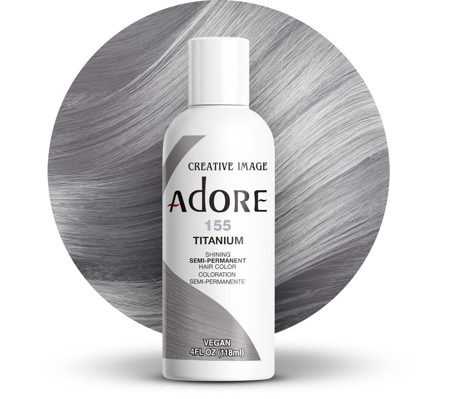 Creative Image Adore Semi-Permanent Hair Color Titanium #155 bottle and a circular swatch of shiny silver-gray hair.