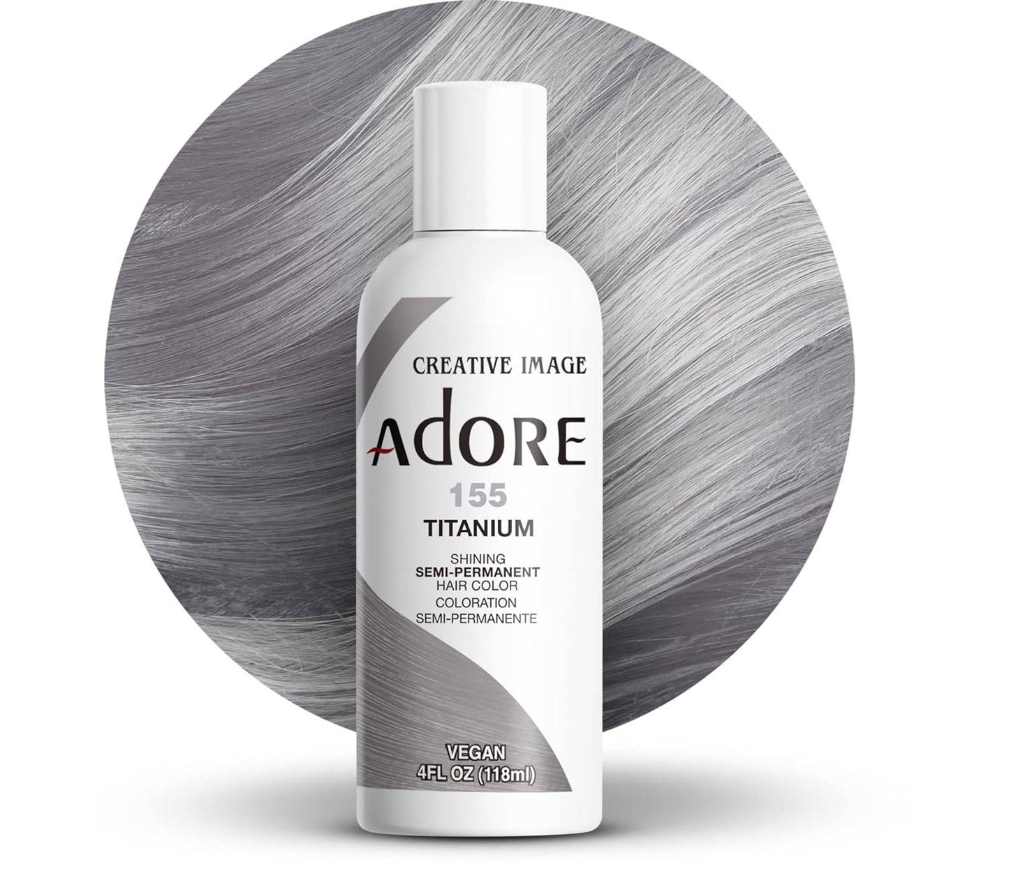 Creative Image Adore #155 Titanium hair color bottle with a circular swatch of smooth, silvery-grey hair.
