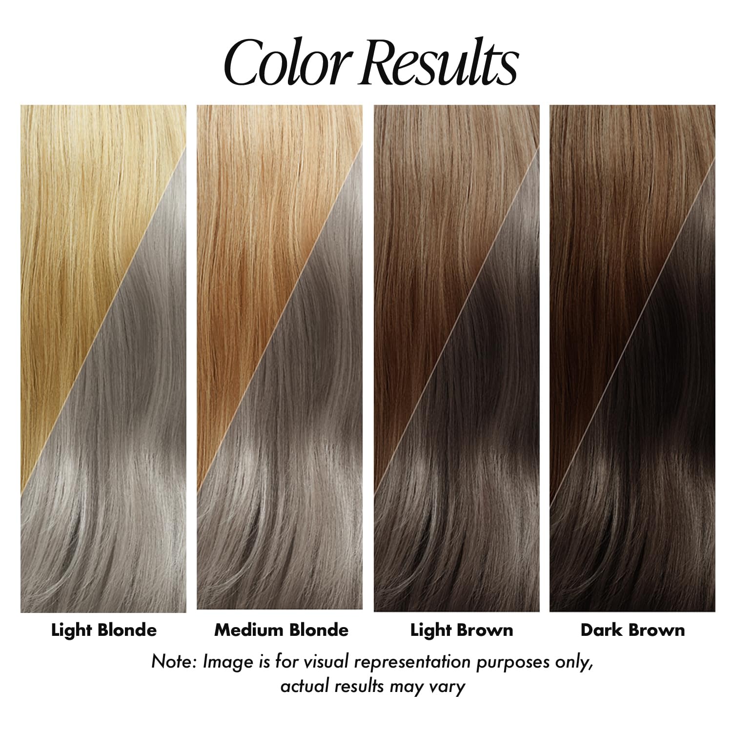 Color swatch: Dark brown hair before, transitioning diagonally to a silvery grey with Adore #155 Titanium.