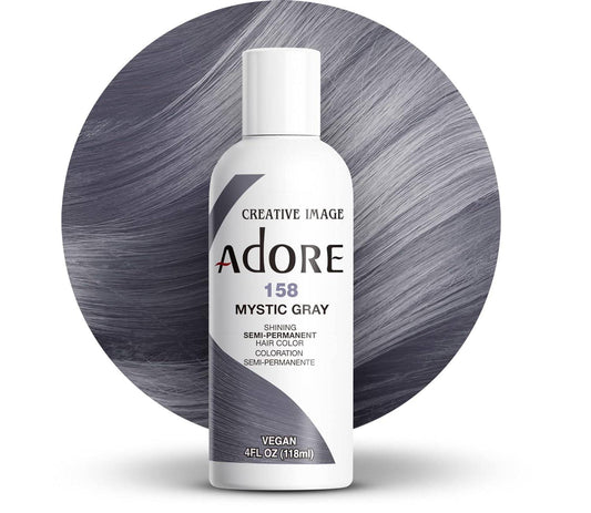 Creative Image Adore Semi-Permanent Hair Color in #158 Mystic Gray bottle with a circular swatch of long, straight, silver...
