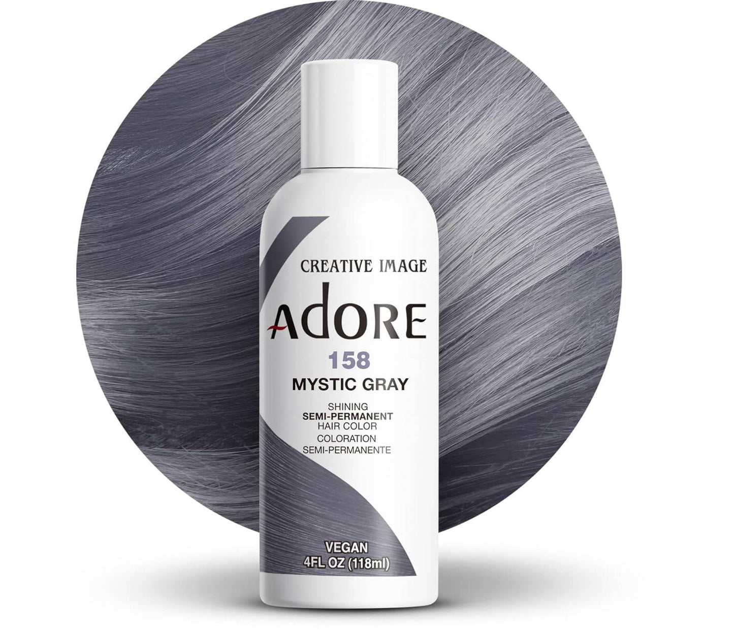 Creative Image Adore Semi-Permanent Hair Color - #158 Mystic Gray bottle against a swatch of flowing, cool gray hair.