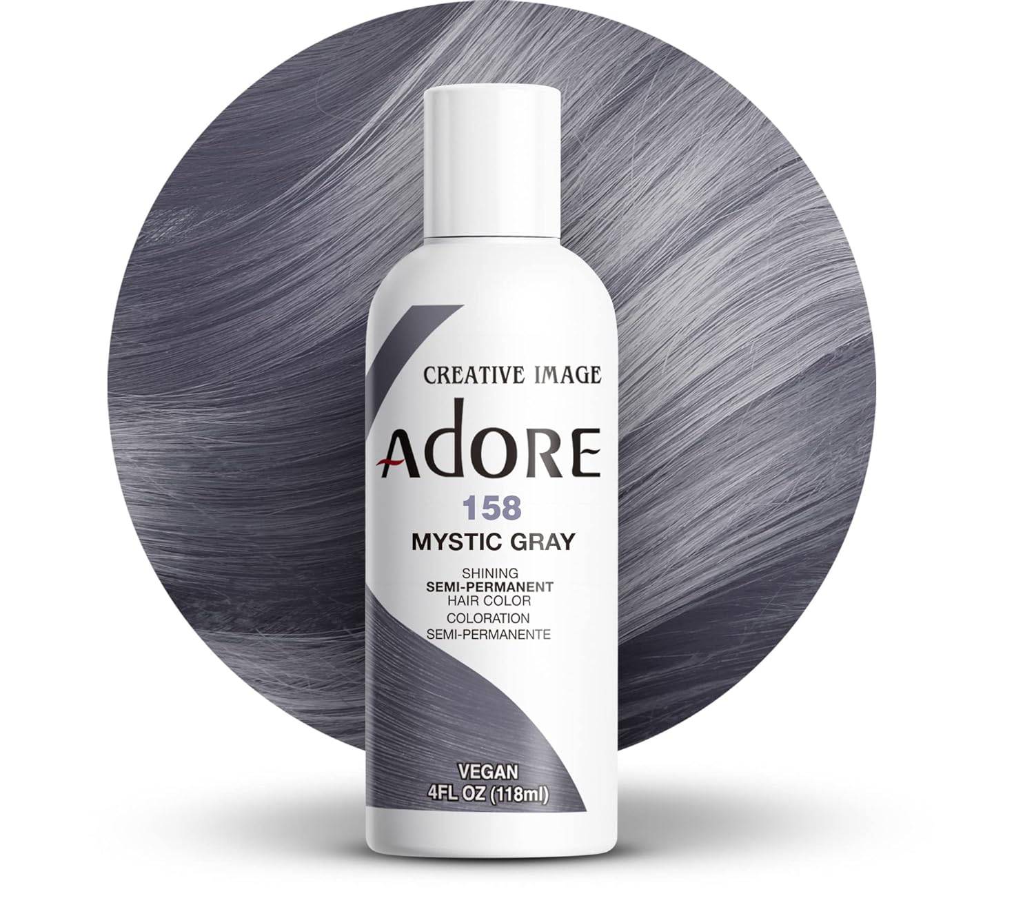 Creative Image Adore Semi-Permanent Hair Color - #158 Mystic Gray bottle against a swatch of flowing, cool gray hair.