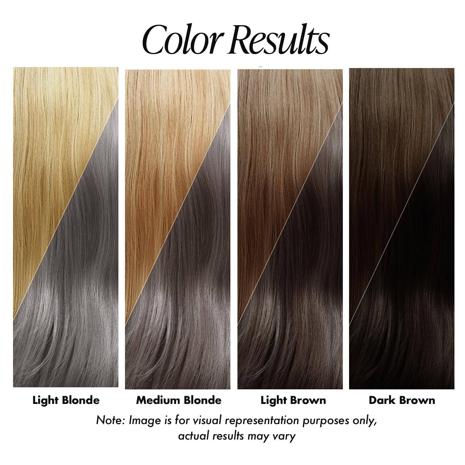 Adore #158 Mystic Gray semi-permanent hair color results on four swatches: light blonde, medium blonde, light brown, and d...