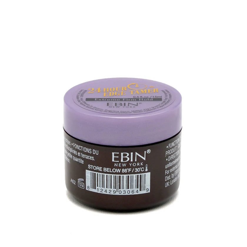 EBIN New York 24 Hour Edge Tamer Extreme Firm Hold product packaging. Small brown jar with lavender lid, 0.5 oz.