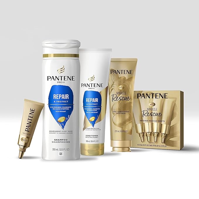 A display of Pantene Pro-V hair products. The Repair & Protect Conditioner is a white 10.4 oz tube with a blue label.