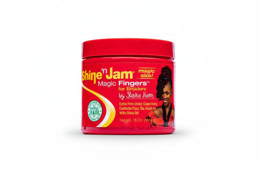 Red container of Shine 'n Jam Magic Fingers hair product with a woman's face on the label.