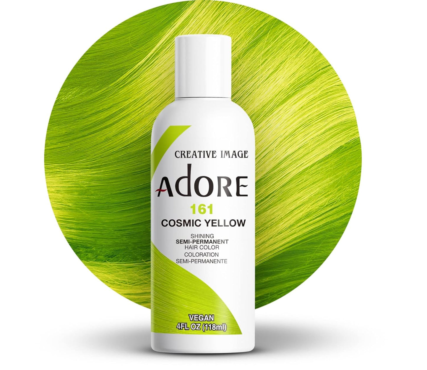 Creative Image Adore Semi-Permanent Hair Color in Cosmic Yellow bottle, backed by a vibrant yellow-green hair texture swatch.
