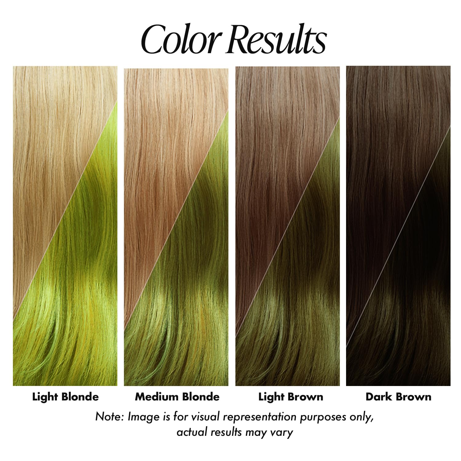 Creative Image Adore #161 Cosmic Yellow color results. Four hair swatches show blonde to dark brown hair becoming vibrant ...