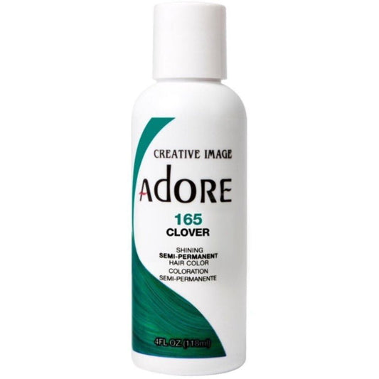 Creative Image Adore Semi-Permanent Hair Color #165 Clover in a white bottle, featuring a bright green color swatch.