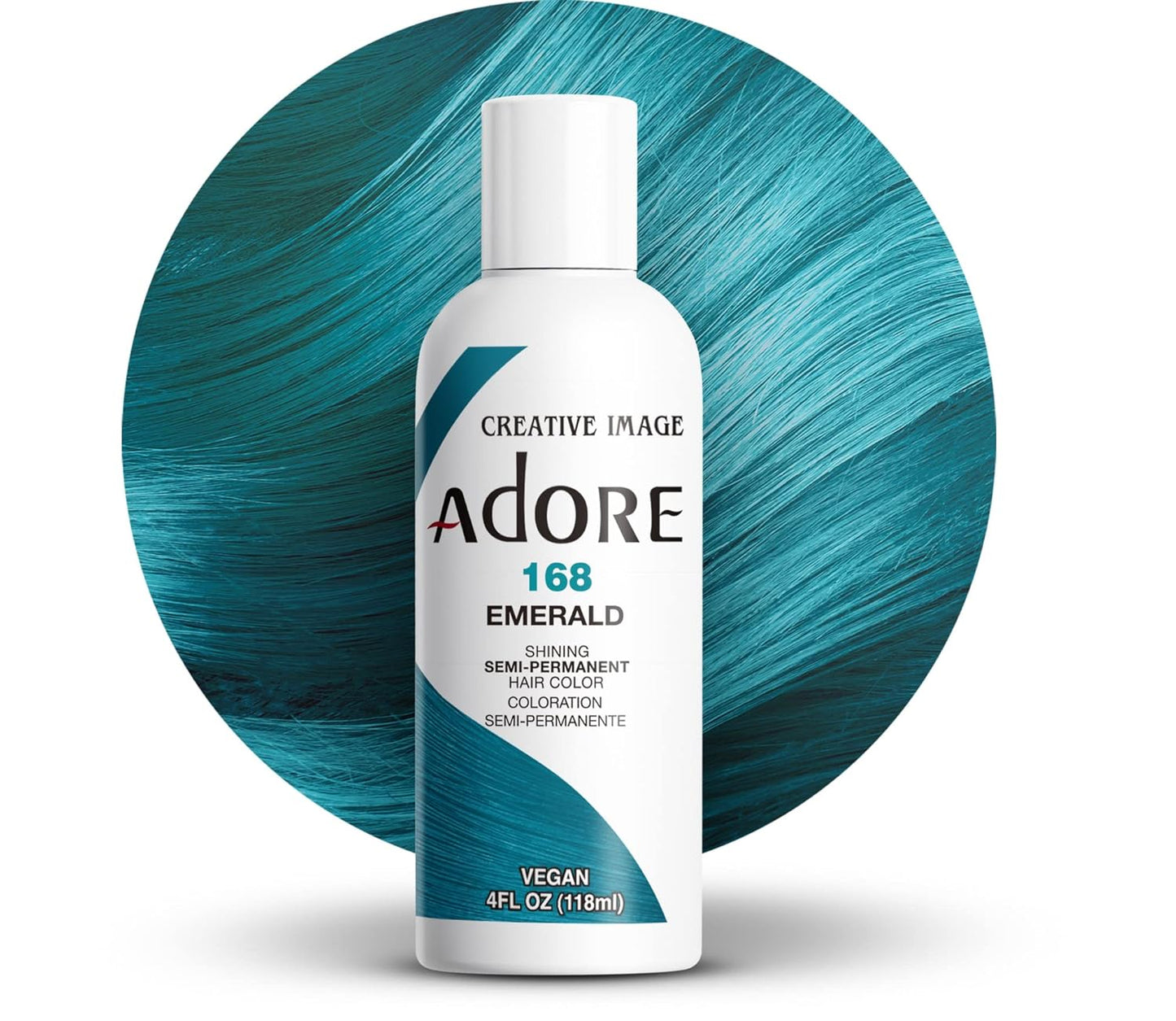 Creative Image Adore #168 Emerald hair color bottle and a vivid teal-emerald wavy hair color swatch.