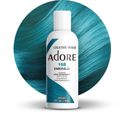 Product packaging for Creative Image Adore Semi-Permanent Hair Color #168 Emerald, with a vibrant teal hair color swatch b...