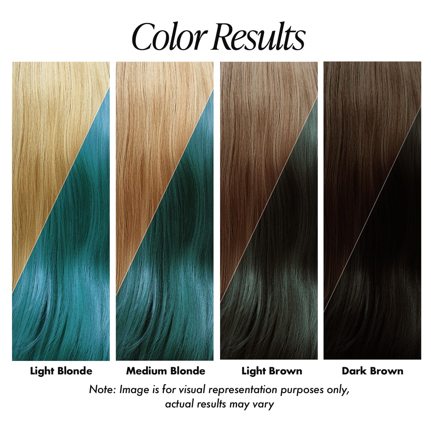 Creative Image Adore Emerald semi-permanent hair color swatch on dark brown hair shows a very dark, subtle teal.