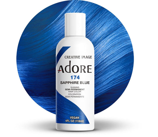 Creative Image Adore Semi-Permanent Hair Color #174 Sapphire Blue packaging, with a matching vibrant blue hair swatch.