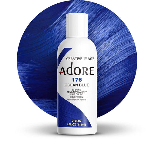 Creative Image Adore #176 Ocean Blue hair color bottle and a circular swatch of vibrant blue hair.