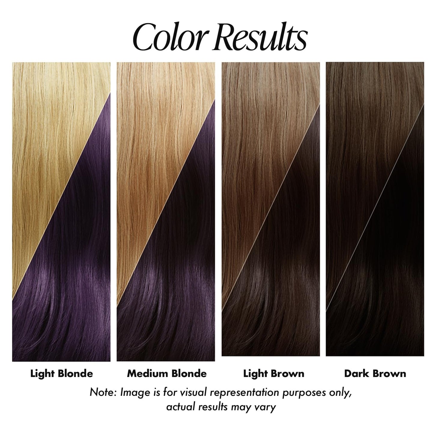 Adore Rich Eggplant color results: Hair swatches from light blonde to dark brown, showing deep purple intensity varies.