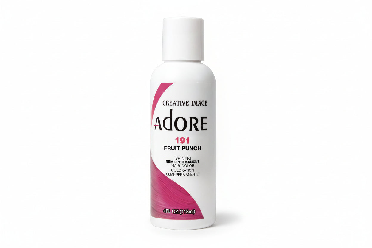 Creative Image Adore Semi-Permanent Hair Color #191 Fruit Punch product packaging: a white bottle with a pink swirl design.