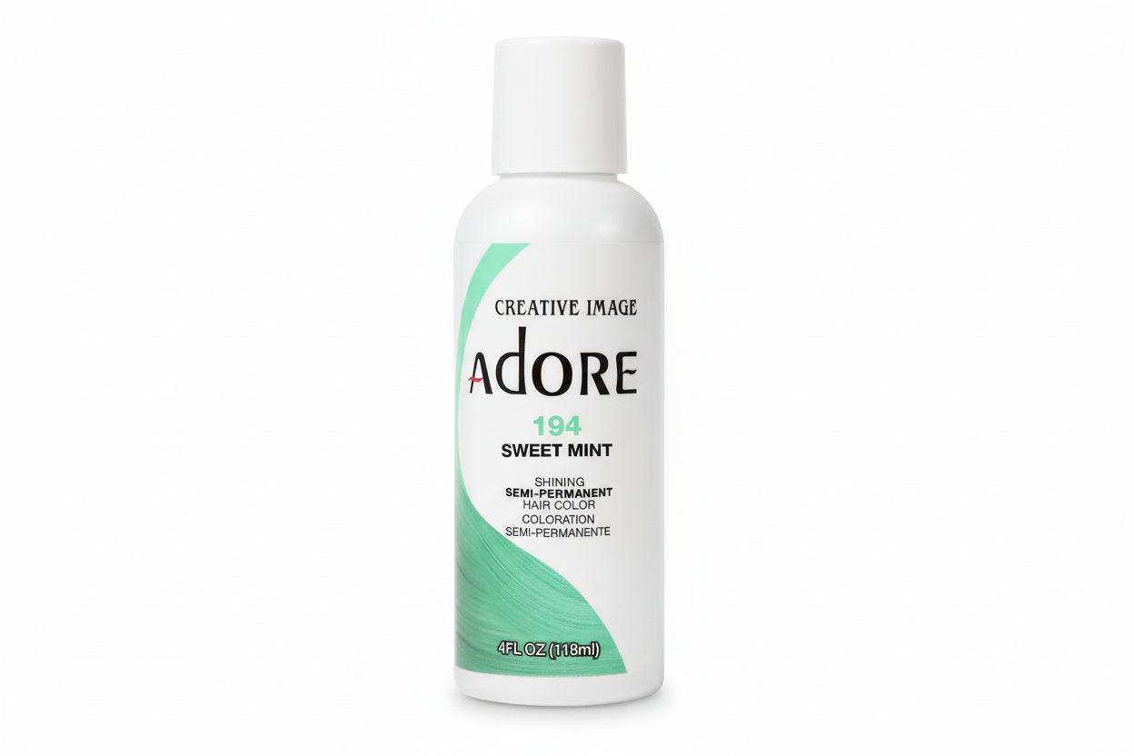 Product packaging: Creative Image Adore Semi-Permanent Hair Color in #194 Sweet Mint. A white bottle with a green-accented...