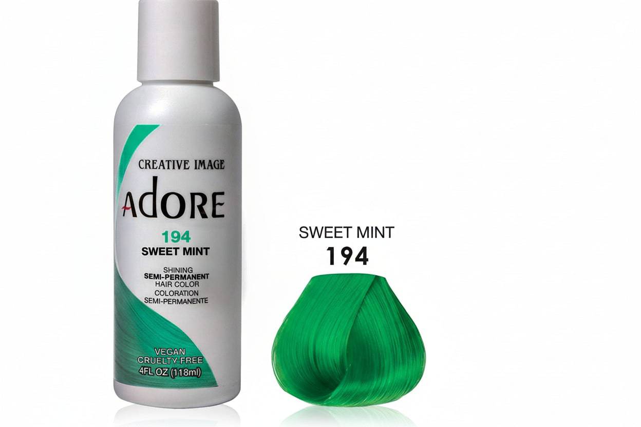 Creative Image Adore #194 Sweet Mint semi-permanent hair color bottle with a vibrant mint green hair swatch.