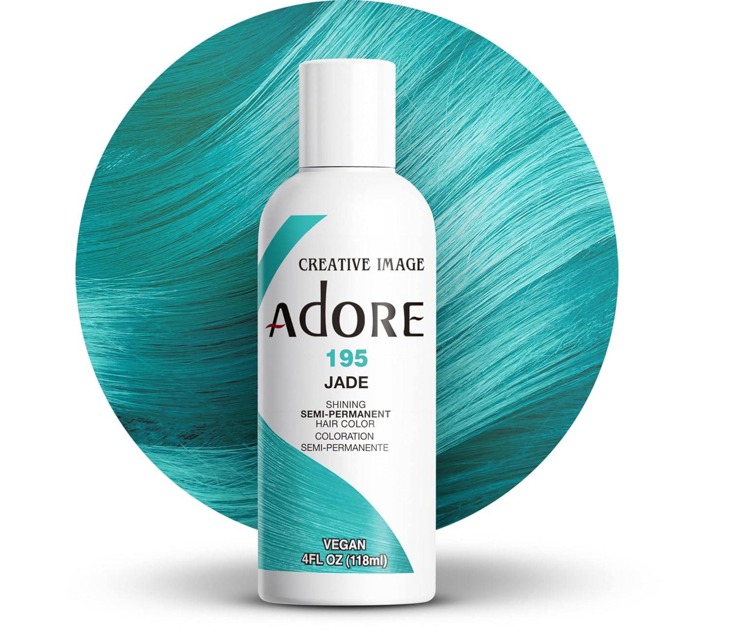Creative Image Adore Semi-Permanent Hair Color #195 Jade bottle shown against a circular swatch of flowing, vibrant jade h...