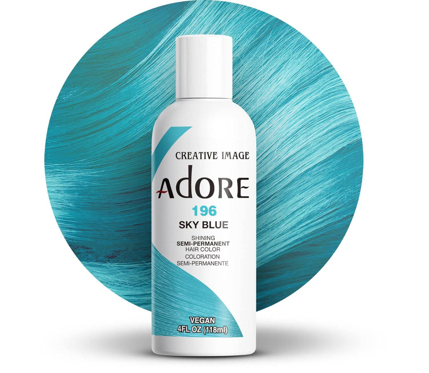 Creative Image Adore #196 Sky Blue Semi-Permanent Hair Color bottle with a textured circular swatch of vibrant blue hair.