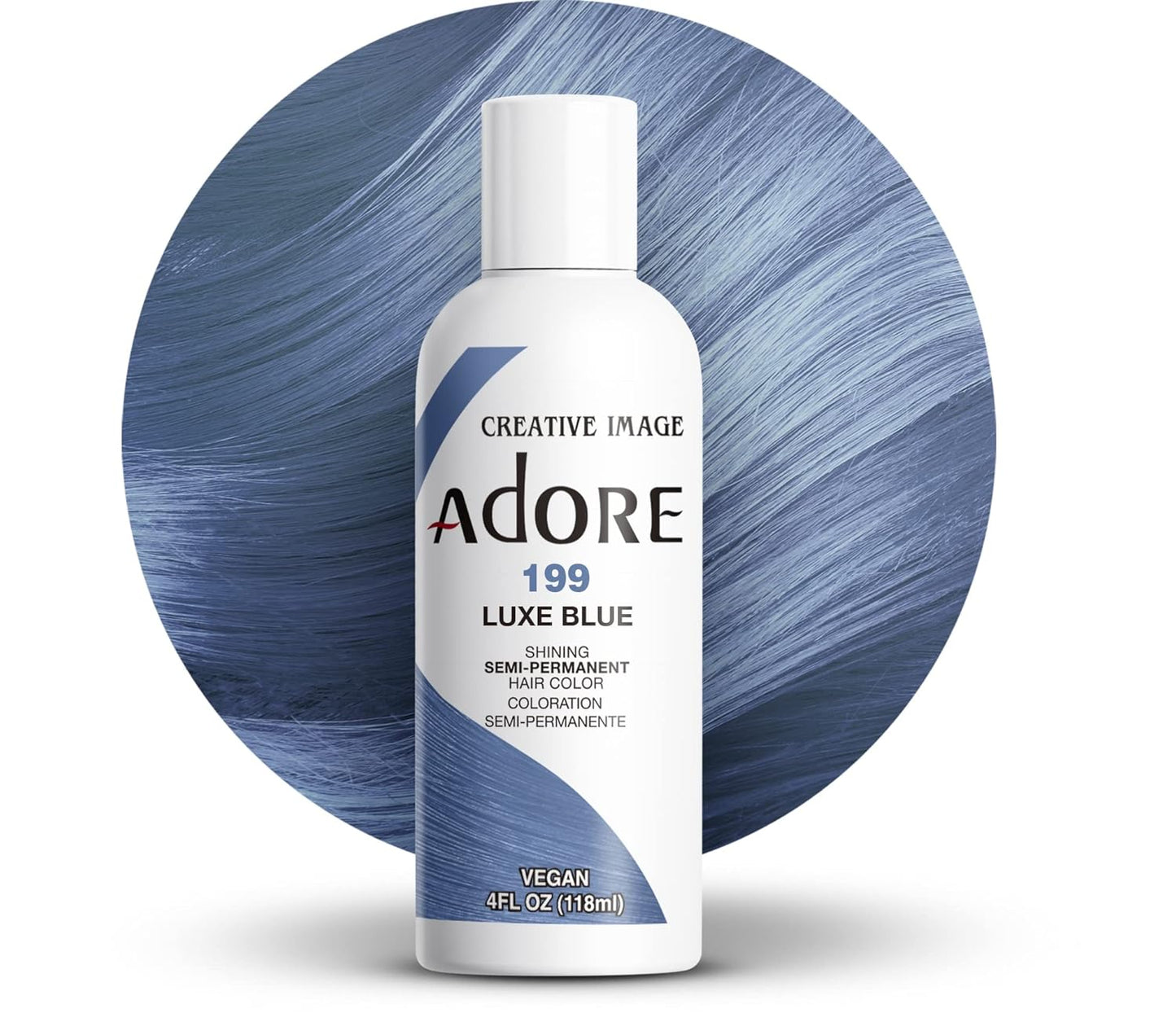 Creative Image Adore #199 Luxe Blue hair color bottle stands before a circular swatch of wavy, dusty blue hair.